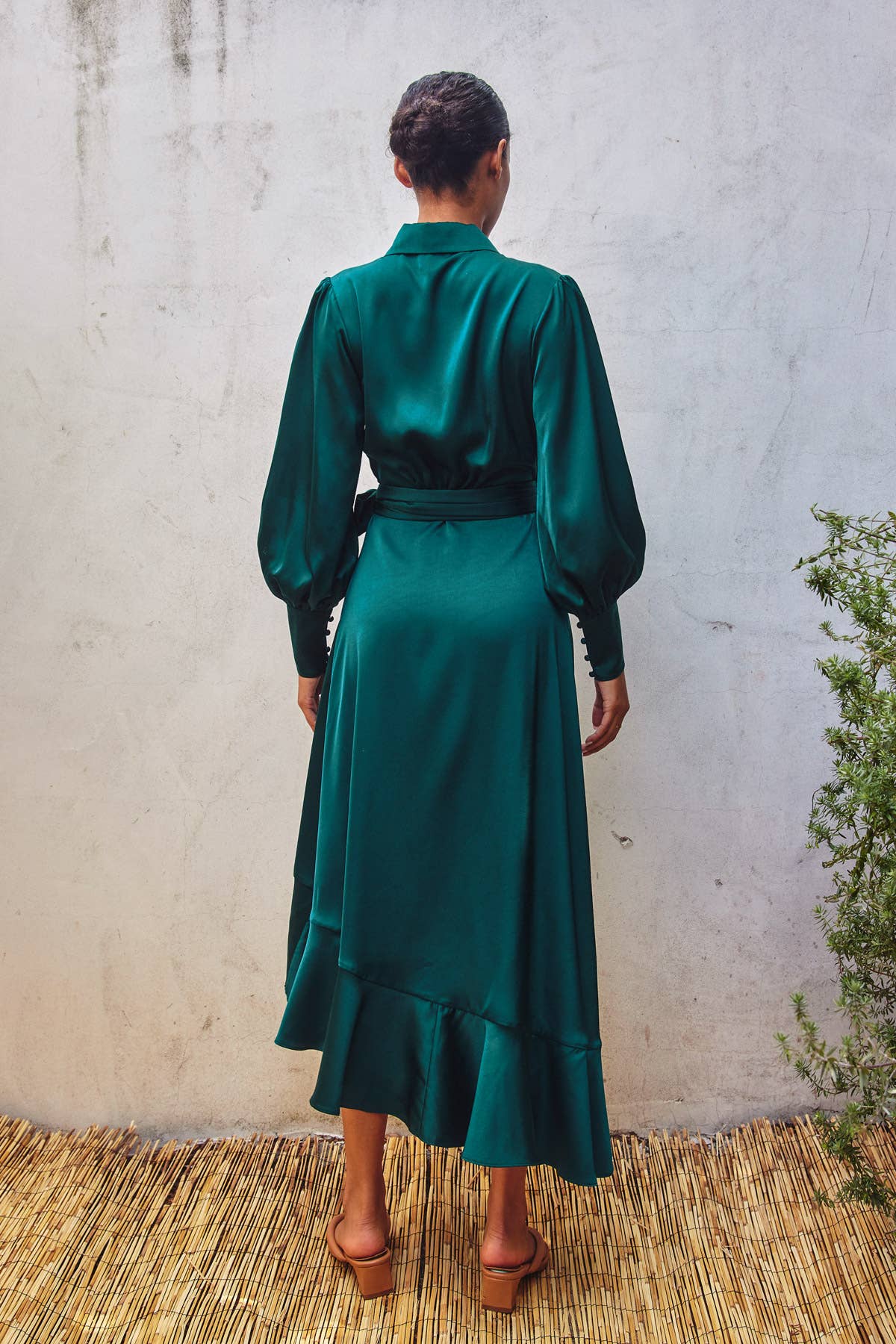 Satin Ruffled Midi Wrap Dress - Jewel Tone Emerald M (6-8) Satin Ruffled Midi Wrap Dress - Jewel Tone Emerald M (6-8)