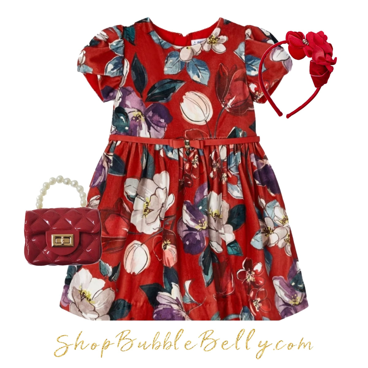 Mayoral girls dressy velvet belted tailored floral dress, red, view 4