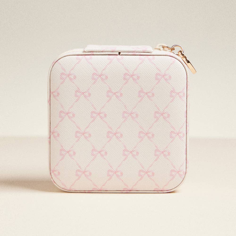 Leatherette Travel Square Jewelry Box - Pink Bow Pattern