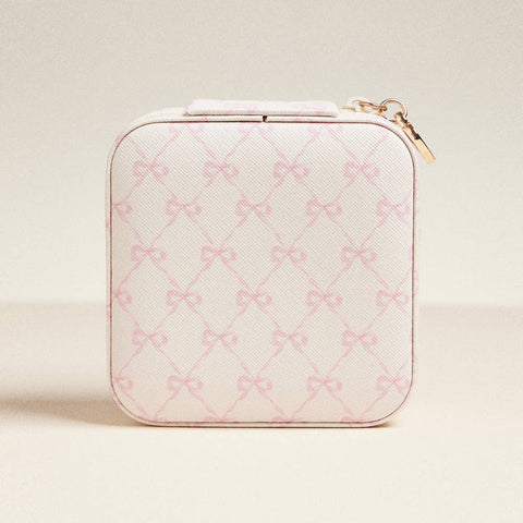 Leatherette Travel Square Jewelry Box - Pink Bow Pattern
