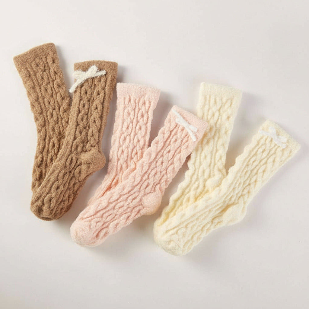 3Pairs - Ultra Luxe Bow Accent Warm Fuzzy Cable Knit Socks Gift Set