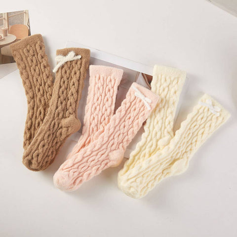 3Pairs - Ultra Luxe Bow Accent Warm Fuzzy Cable Knit Socks Gift Set