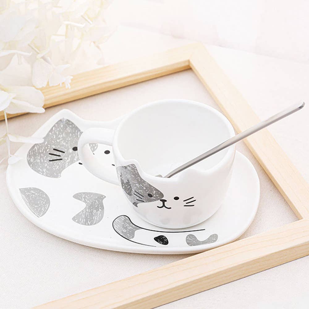 Kawaii Cat Ceramic Mug Cup, Saucer, and Spoon 3PC Set