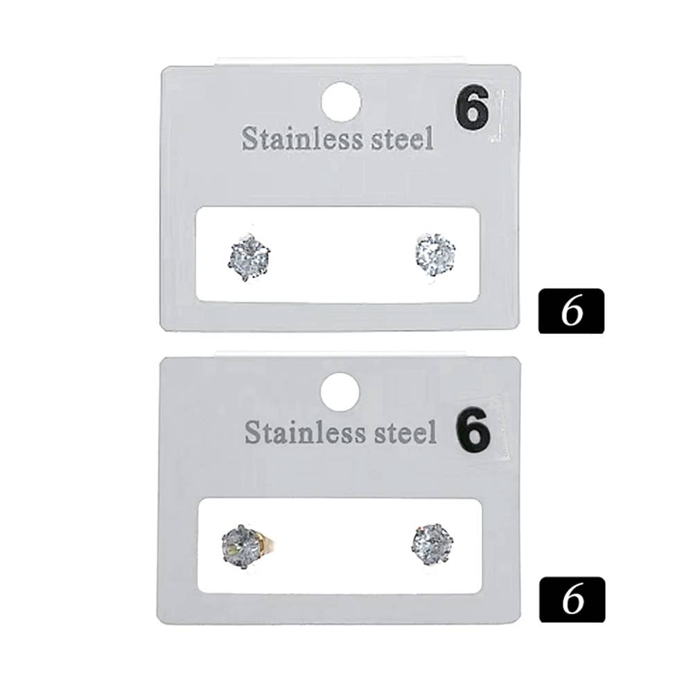 Stainless Steel 6mm Round Rhinestone Stud Earrings - Silver or Gold
