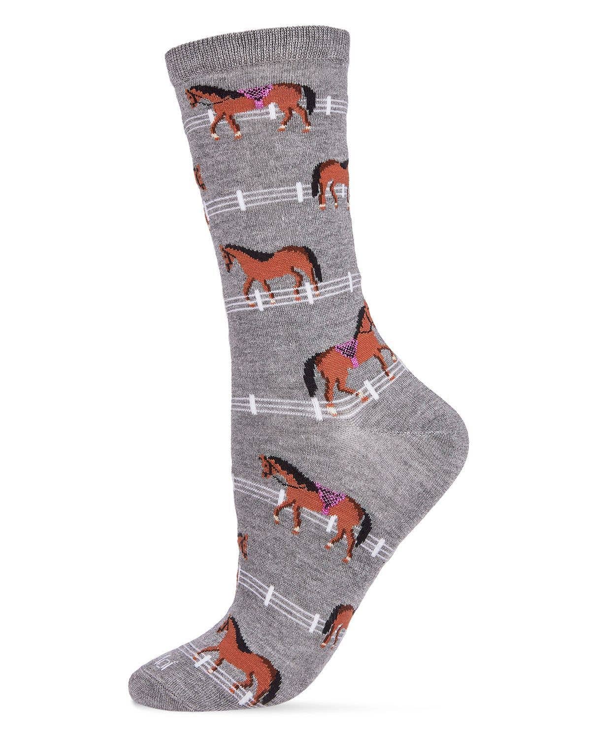 Women's Bamboo Crew Socks - Horse/Pony, Gray Heather, O/S 9-11