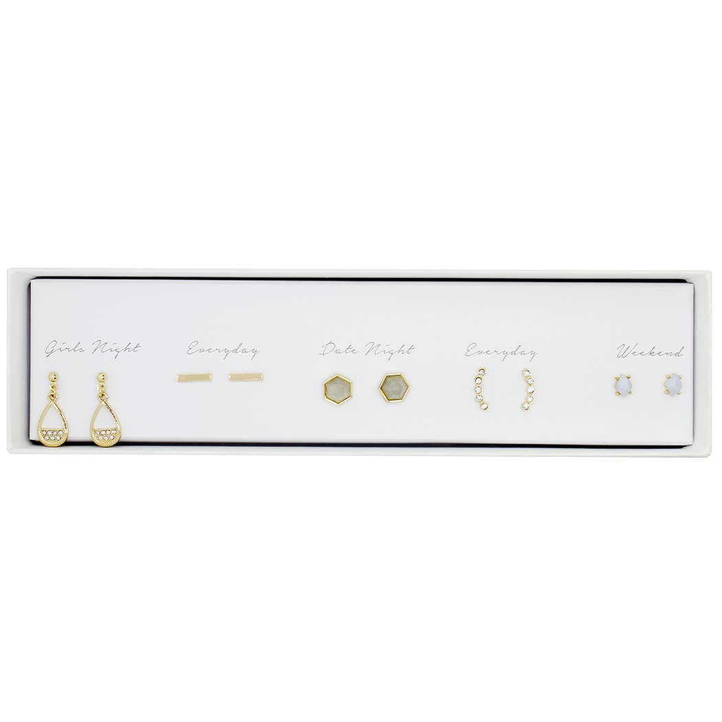 Five pair gold stud earring set, in gift box