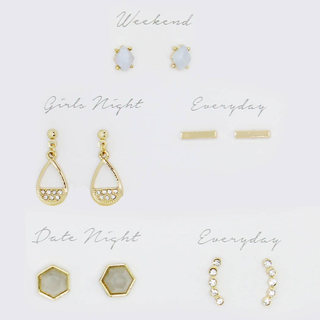 Five pair gold stud earring set, styles labeled
