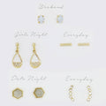 Five pair gold stud earring set, styles labeled