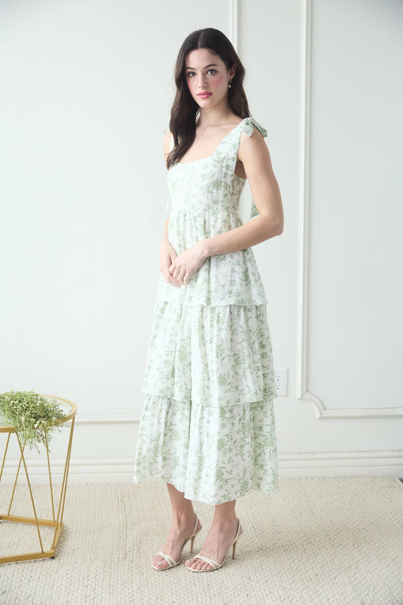 Women's Tie Strap Floral Tiered Midi Sun Dress - Sage Green Floral