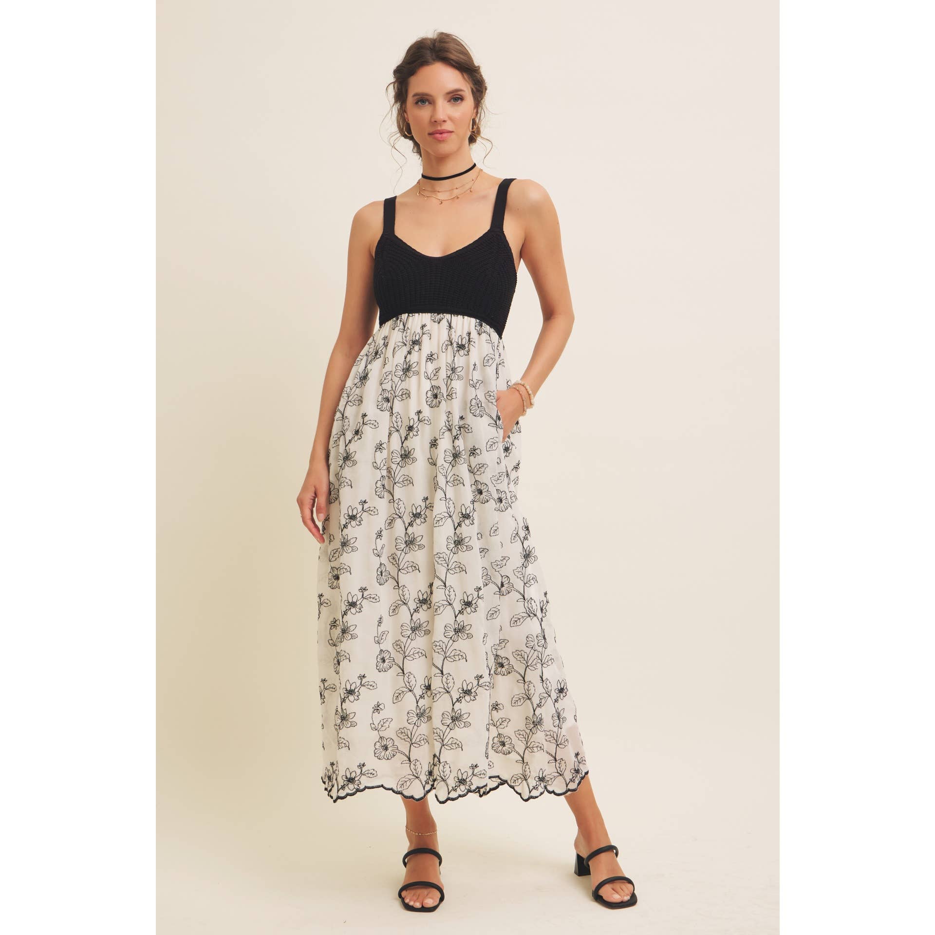 Women's Knit Spaghetti Top Two-fer Embroidered Midi Sun Dress with Pockets, Cream and Black