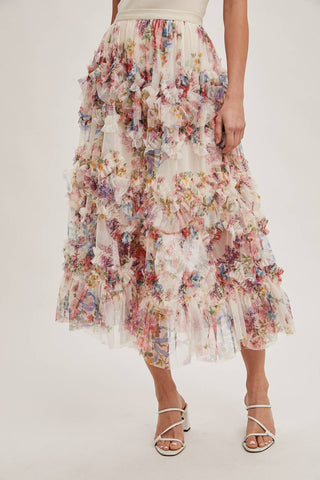 Women's/Junior Floral Ruffled Tulle Midi Length Skirt - Cream and Maroon