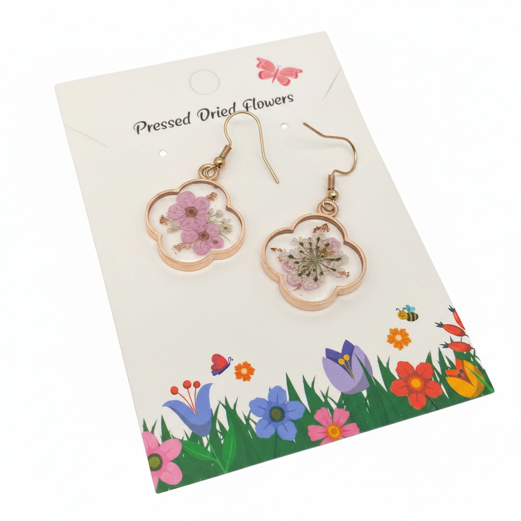 Genuine Pressed Flowers Earrings Dangle Hook, Clover, Rose Gold, Queen Anne's Lace & Daffodil Pink
