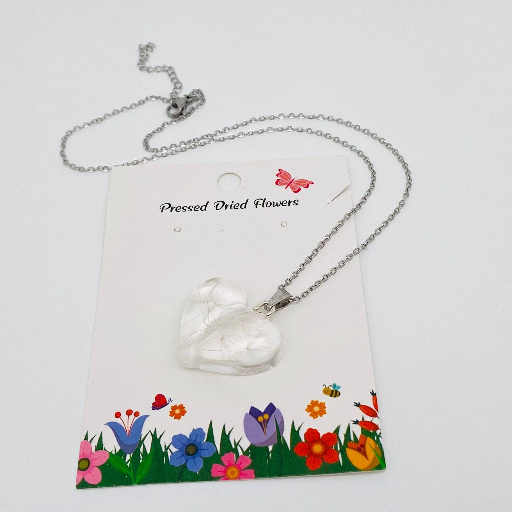 Genuine Pressed Dried Flowers, Dandelion Encased Resin Heart-Shaped Charm Necklace, White