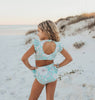 Oopsie Kids Mint Floral Open Back One Piece Ruffle Swimsuit - Mint/White Floral