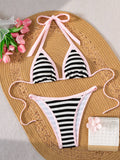 Women's and Teens Swim 2PC Bikini Set, Contrasting B/W Stripe and Pink