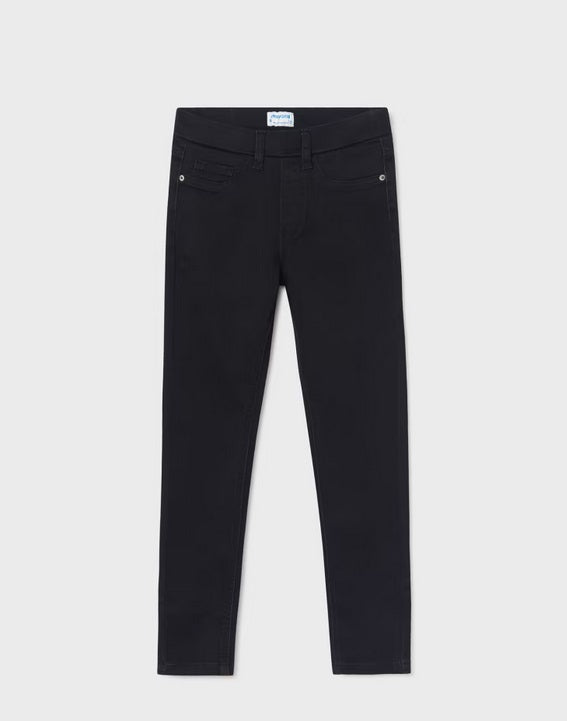 Mayoral tween girls basic denim jeans, pull-on waistband black, front view