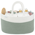 Two-tone roped diaper caddy in sage green and white filled with diapers and wipes