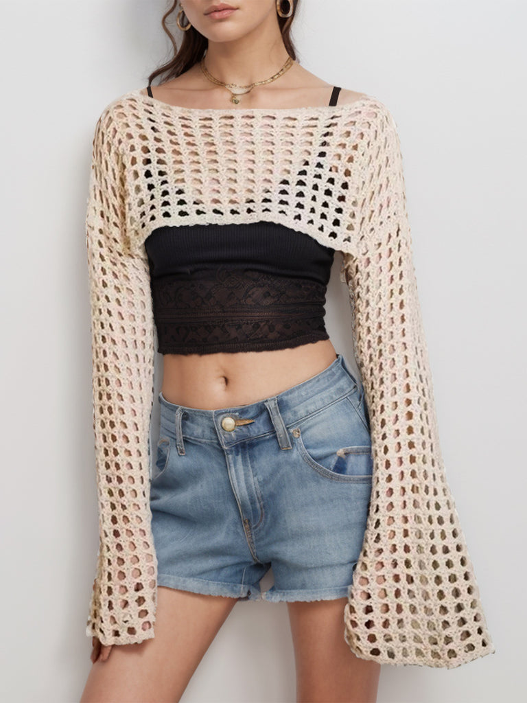 Openwork Boat Neck Long Sleeve Knit Cover Up