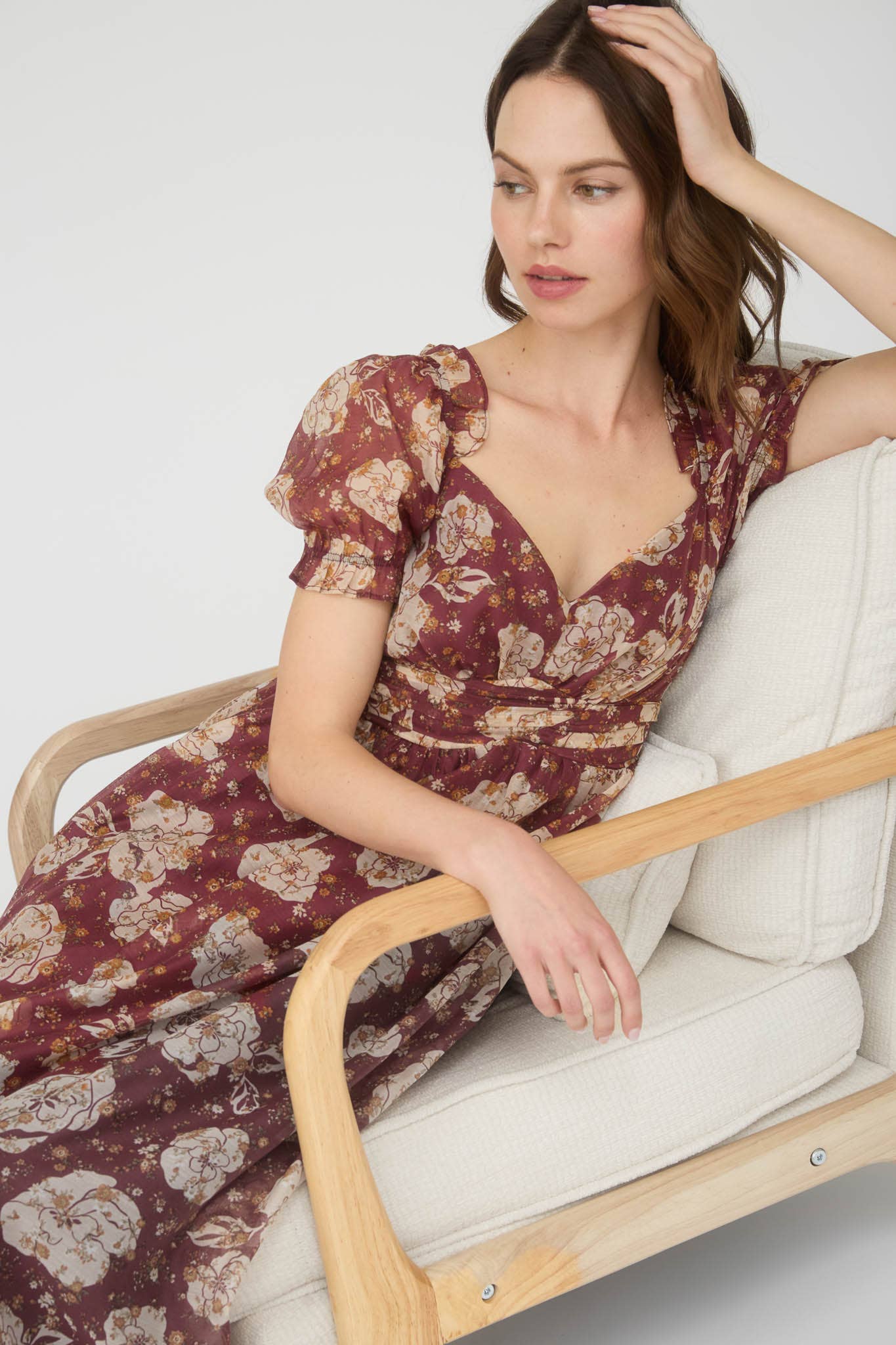 Women's Floral Sweetheart Neckline Back Tie Midi Length Dress - Autumn Floral