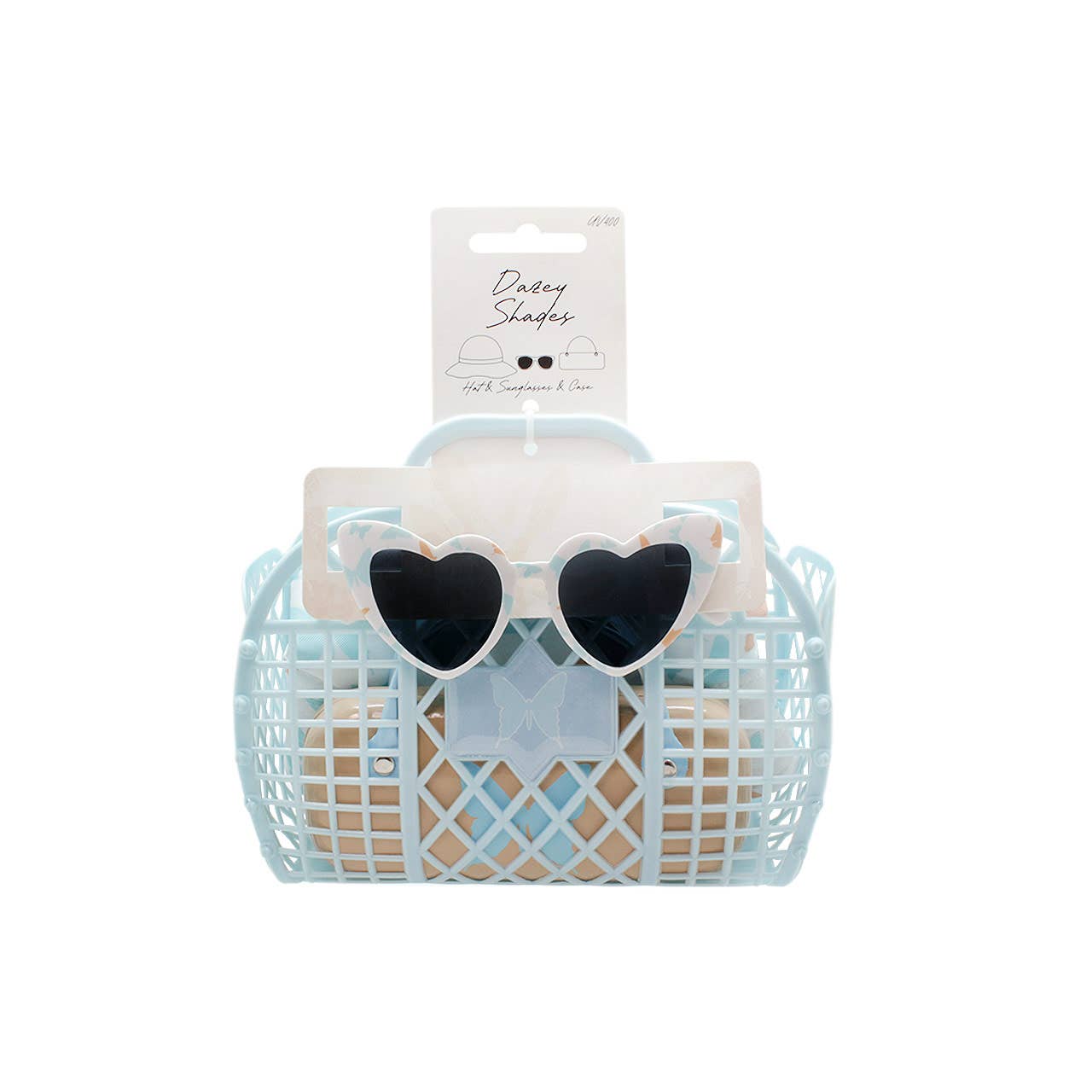 Kids Sunglasses, Carrying Case, Bucket Sun Hat, and Beach Bag 4 PC Set, Blue Butterfly, 2Y-5Y