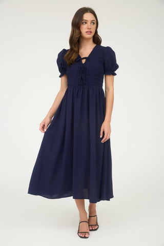Women's V Neck Smocked Tie Front Puff Sleeve Midi Dress - Navy