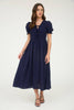Women's V Neck Smocked Tie Front Puff Sleeve Midi Dress - Navy
