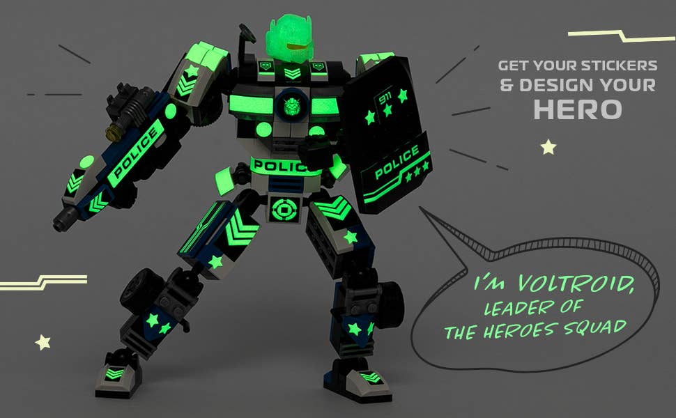 Robotryx Block Builder Set 3-in-1 (279 pc), Ages 6Y-Adult, Police Glow-in-the-Dark, Voltroid