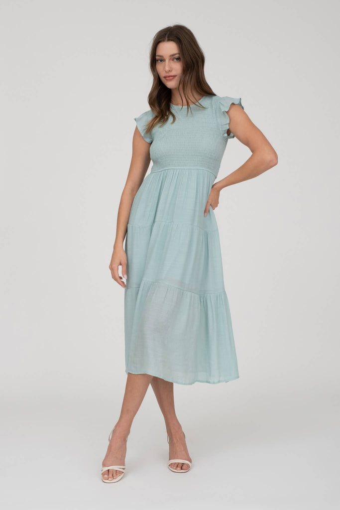 Women's Smocked Flutter Sleeve Tiered Flowy Midi Dress - Minty Blue Bubble Belly moms | babies | kids Women's Smocked Flutter Sleeve Tiered Flowy Midi Dress - Minty Blue Bubble Belly moms | babies | kids