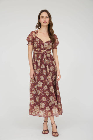 Women's Floral Sweetheart Neckline Back Tie Midi Length Dress - Autumn Floral