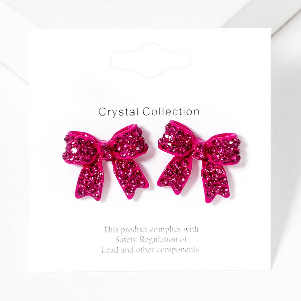 Pave Bow Stud Earrings: Fuchsia Pink Crystallized