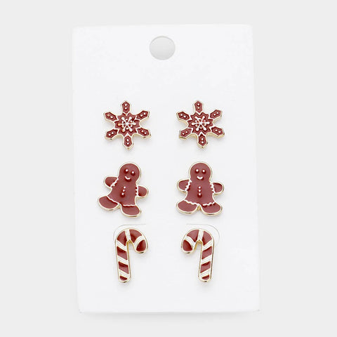 3Pairs - Christmas Enamel Stud Earrings, Gingerbread Holiday Set