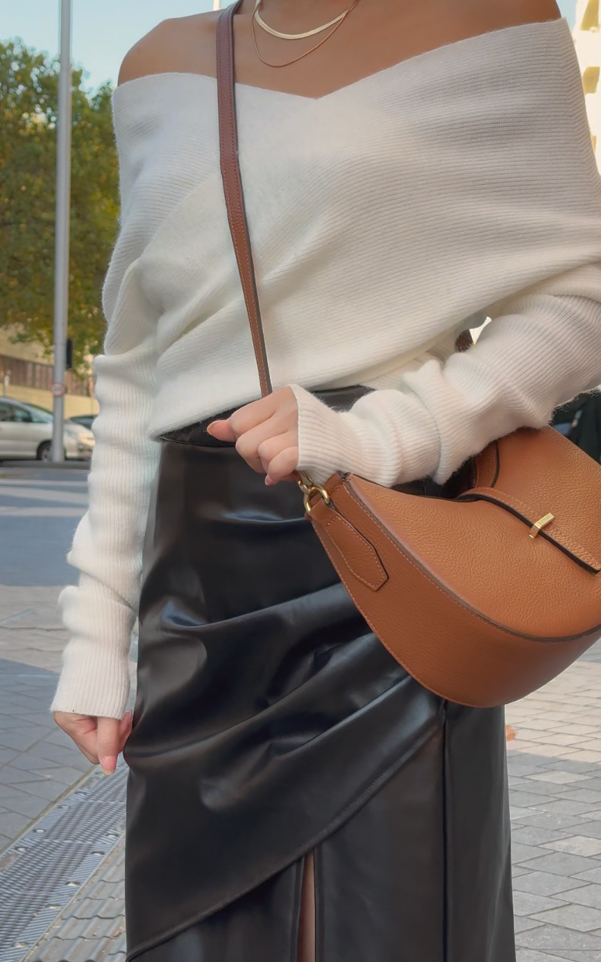 Genuine Italian Handcrafted Leather Crescent Shoulder Bag-Two Straps: Dark Tan