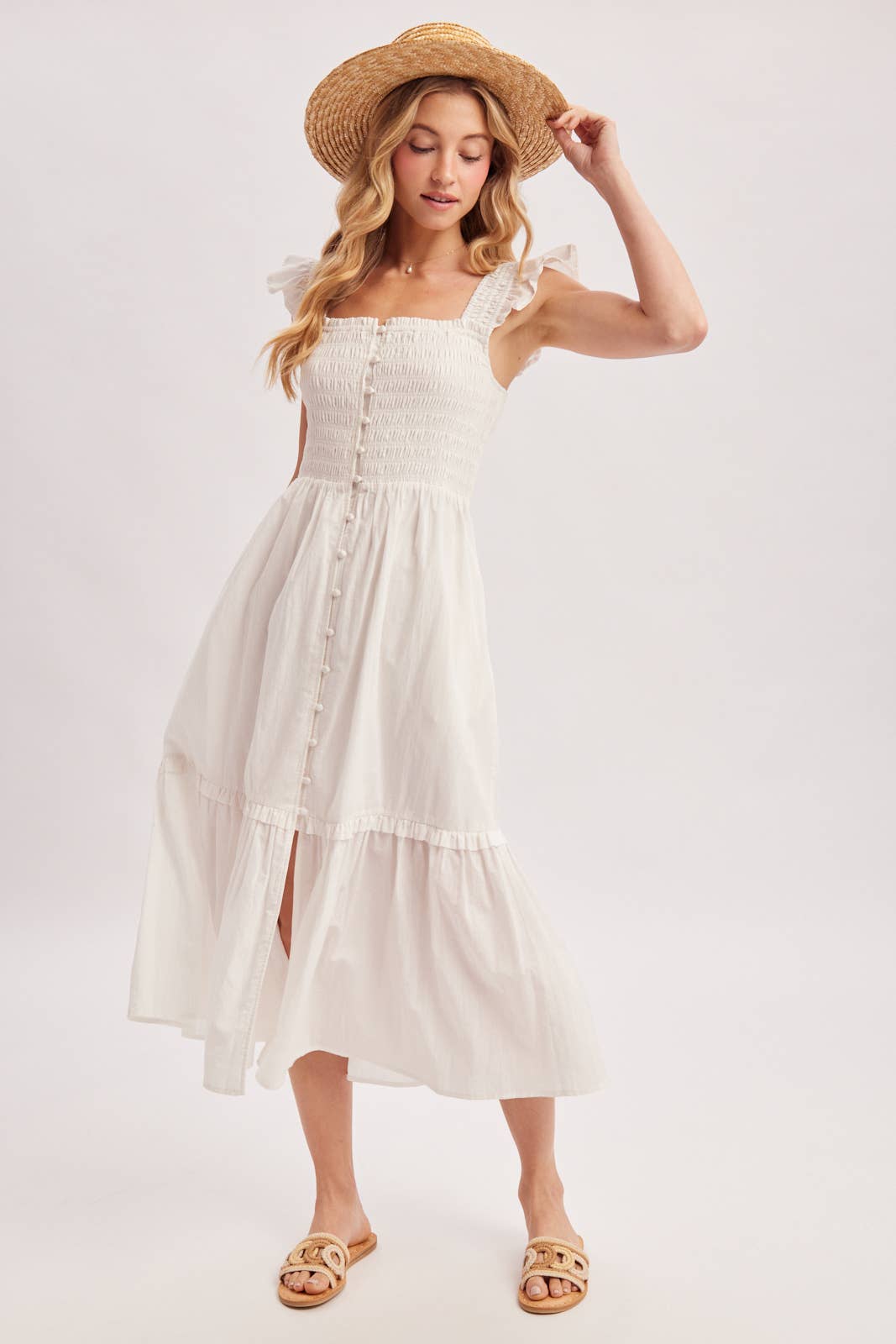 Women's Smocked Square Neck Midi Dress with Hidden Side Pockets - Soft White