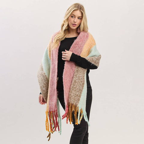 Oversized Solid Colorblock Soft Brushed Knit Fringe Scarf: Orange