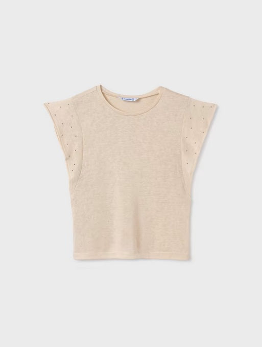 Mayoral tween girls flutter studded soft t-shirt, almond, front view