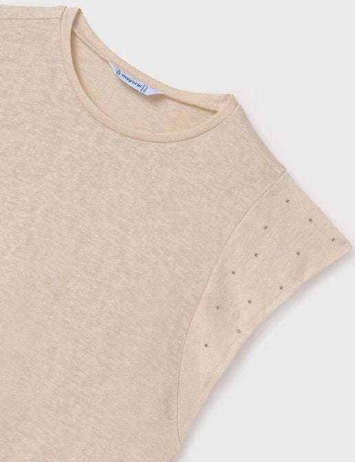 6019 Mayoral Tween/Teen Girls Flutter Studded Soft Tshirt - Almond