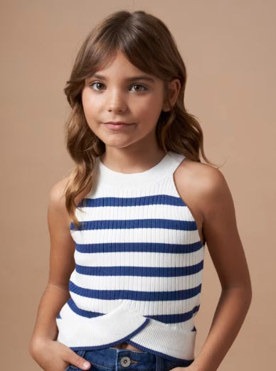Mayoral tween girls lenzing ecovero viscose knit criss cross tank top, navy striped, front view