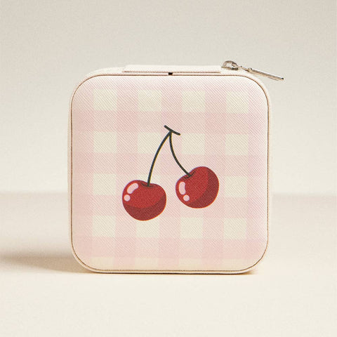 Leatherette Travel Square Jewelry Box - Cherry and Checker Pattern