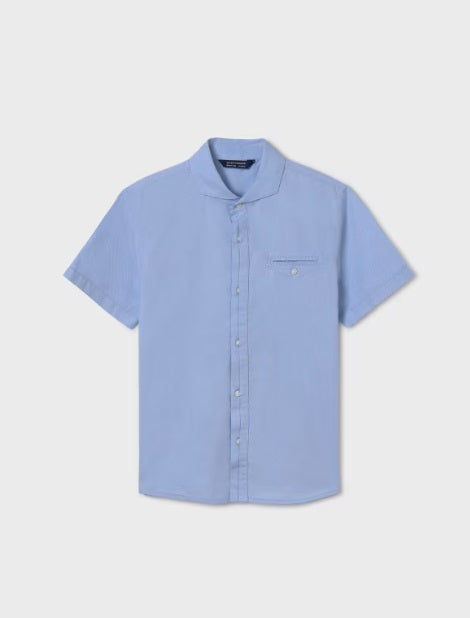 Mayoral tween boys short sleeve button up dress shirt, sky blue, front view