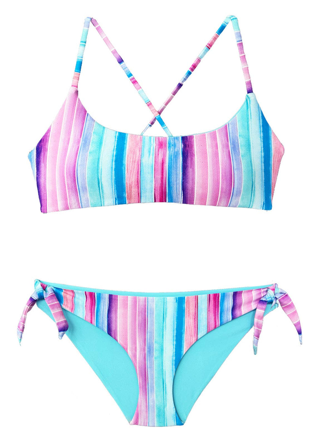 Tween/Teen Reversible Eco-friendly Sustainable Swim Bottom Side Ties - Sorrento Pink/Blue Strip & Sky Blue