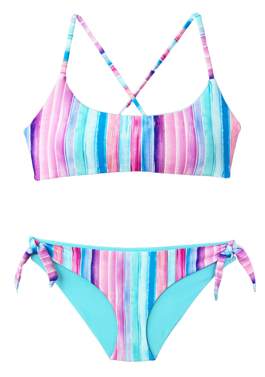 Tween/Teen Reversible Eco-friendly Sustainable Swim Bottom Side Ties - Sorrento Pink/Blue Strip & Sky Blue