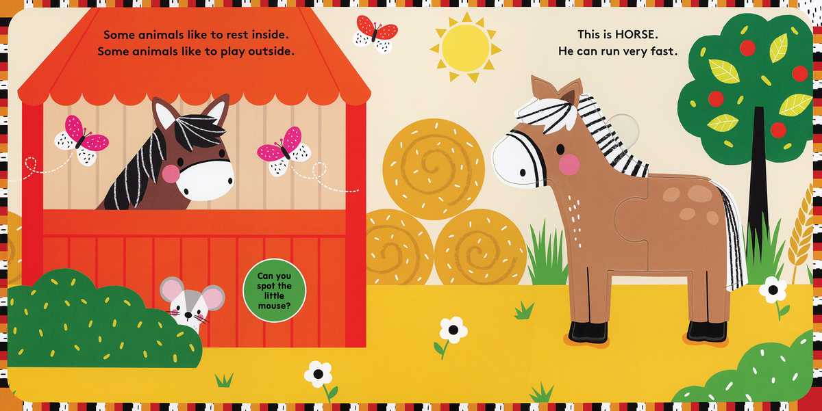 Jigsaw Jumble Farm inside spread with the horse puzzle by the barn