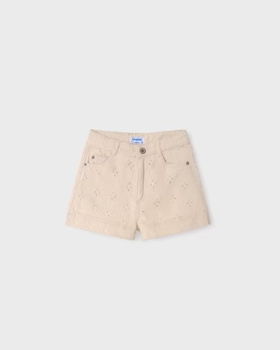 Mayoral tween girls patterned twill shorts, almond, front view