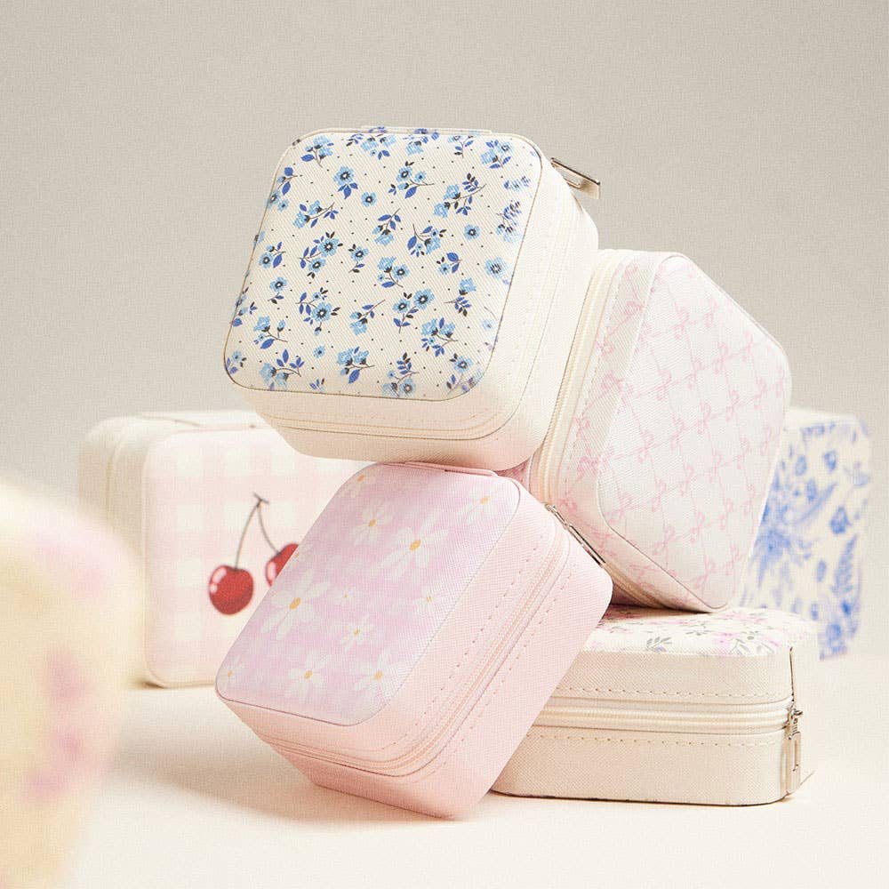 Leatherette Travel Square Jewelry Box - Vintage Blue Floral