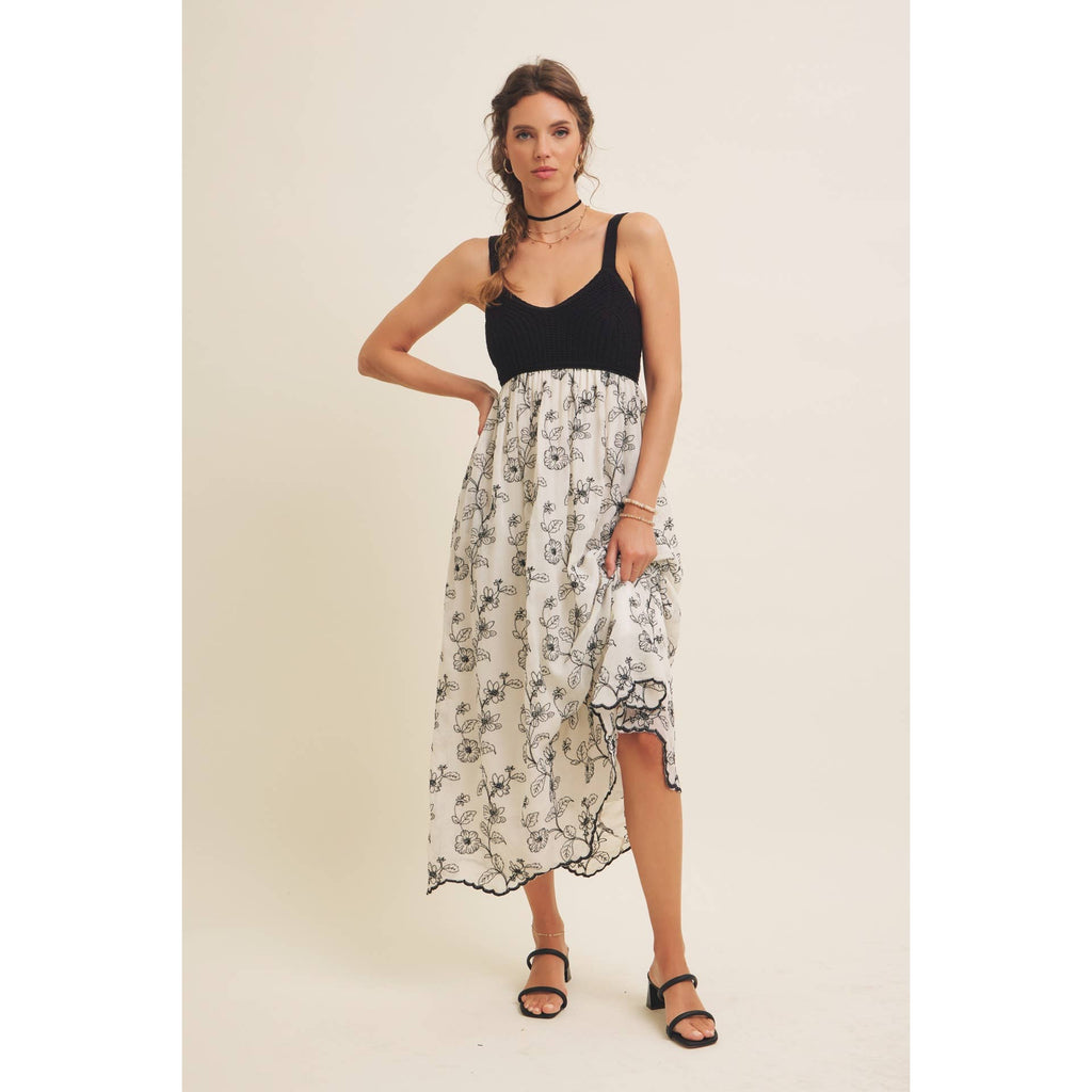 Women's Knit Spaghetti Top Two-fer Embroidered Midi Sun Dress with Pockets, Cream and Black