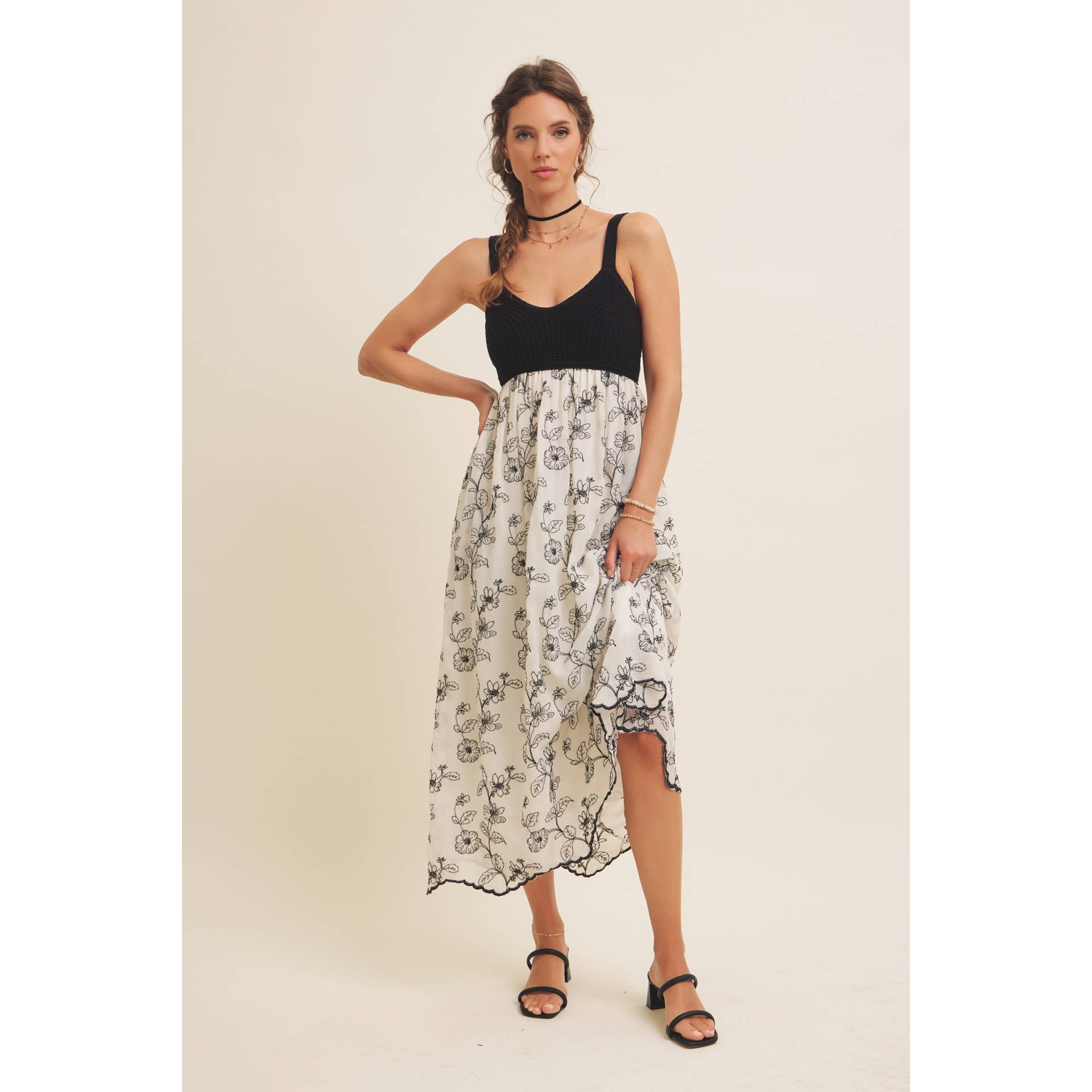 Women's Knit Spaghetti Top Two-fer Embroidered Midi Sun Dress with Pockets, Cream and Black