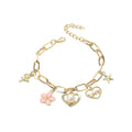 Charm Bracelet - Pearl Heart Enamel Flower LOVE Bracelet - Gold and Pink