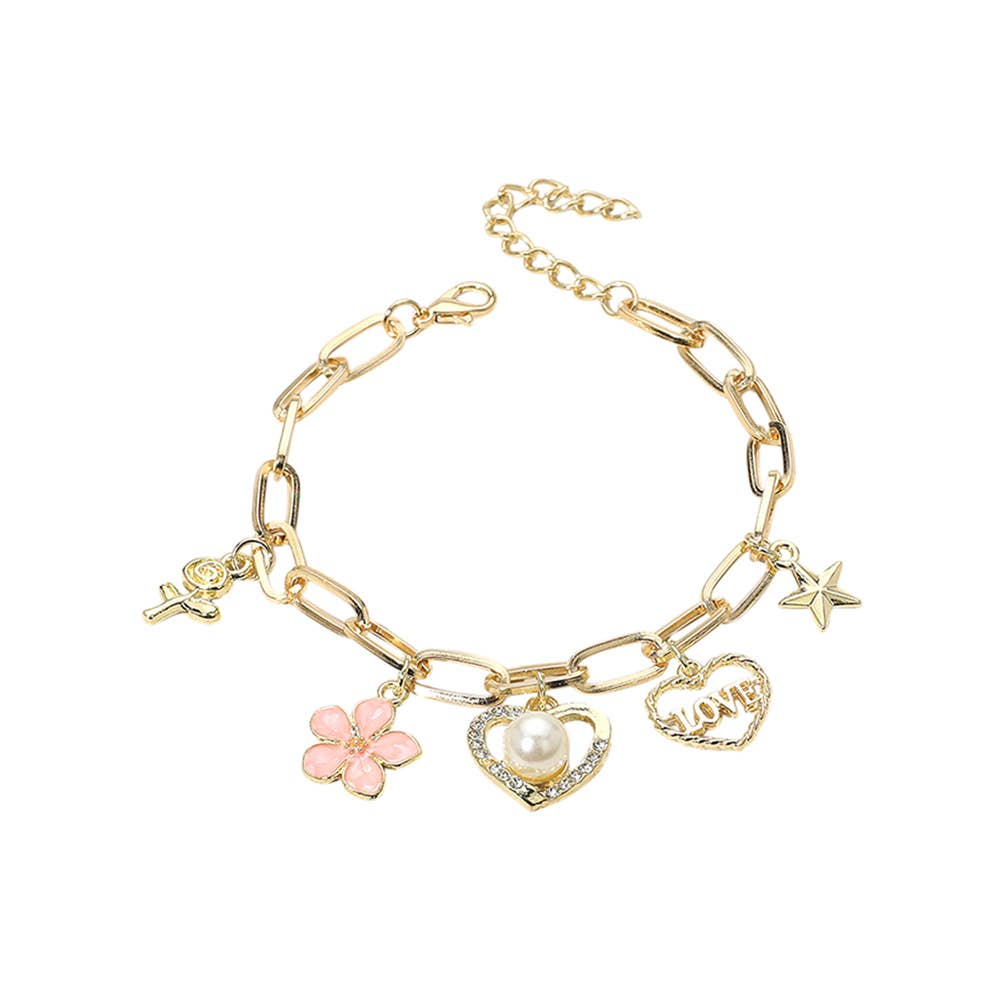 Charm Bracelet - Pearl Heart Enamel Flower LOVE Bracelet - Gold and Pink