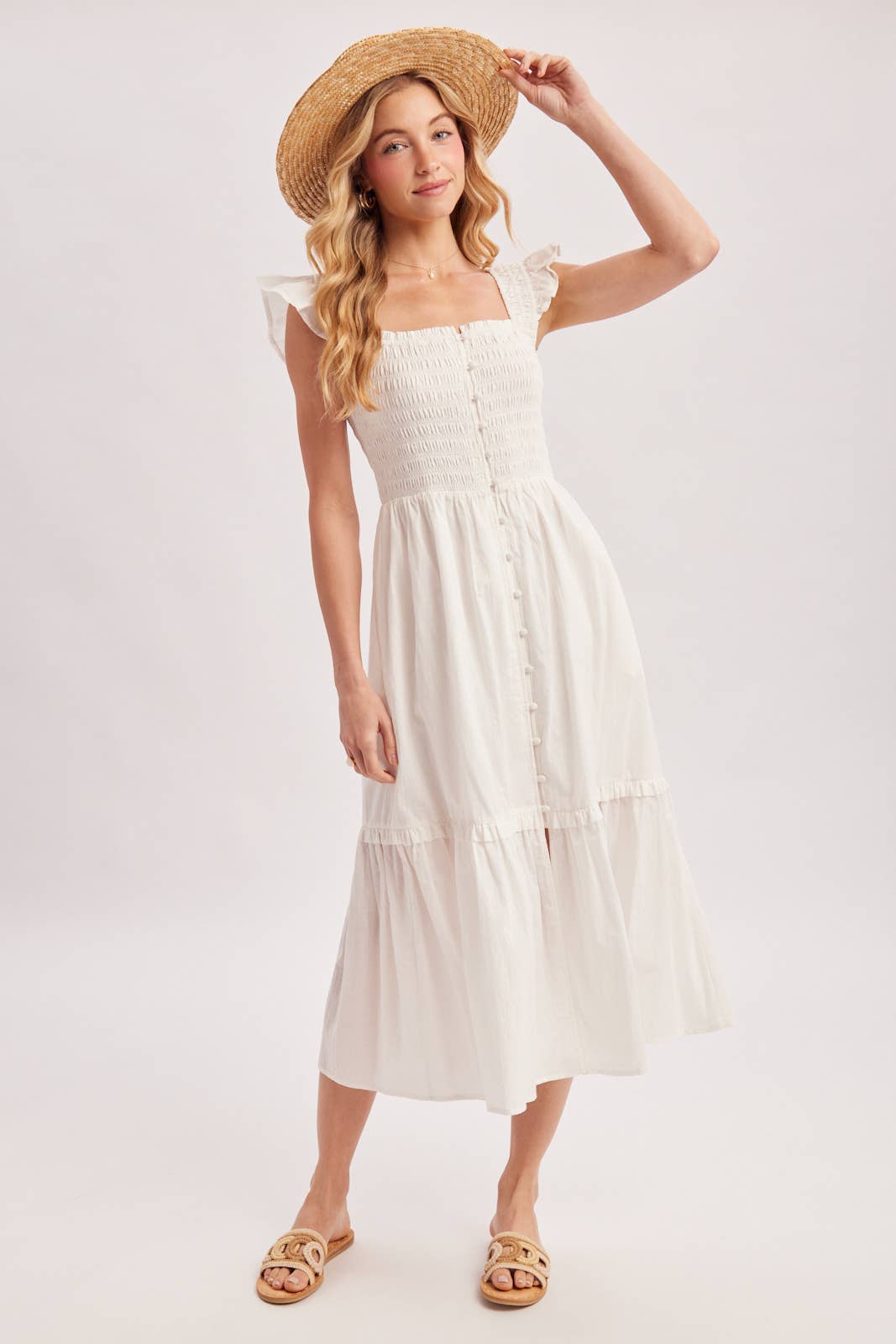 Women's Smocked Square Neck Midi Dress with Hidden Side Pockets - Soft White