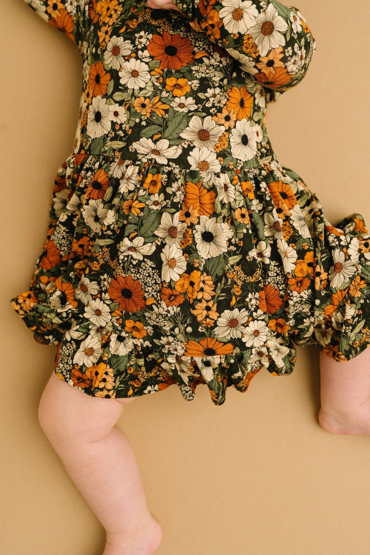 Bamboo Zippered L/S Twirl Bodysuit Dress w/Bow Back - Green & Burnt Orange, Rustic Blooms
